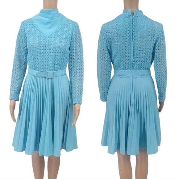 Mary Dobbs Original Vintage 60s Blue Polyester Hostess Dress Zigzag Pleats - Picture 3 of 16